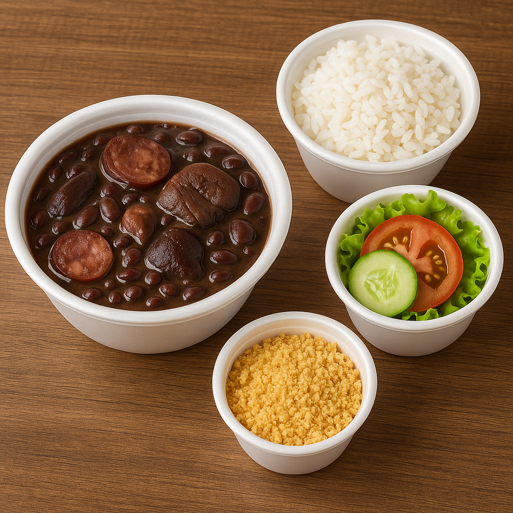 Prato de feijoada completa com arroz, farofa e salada